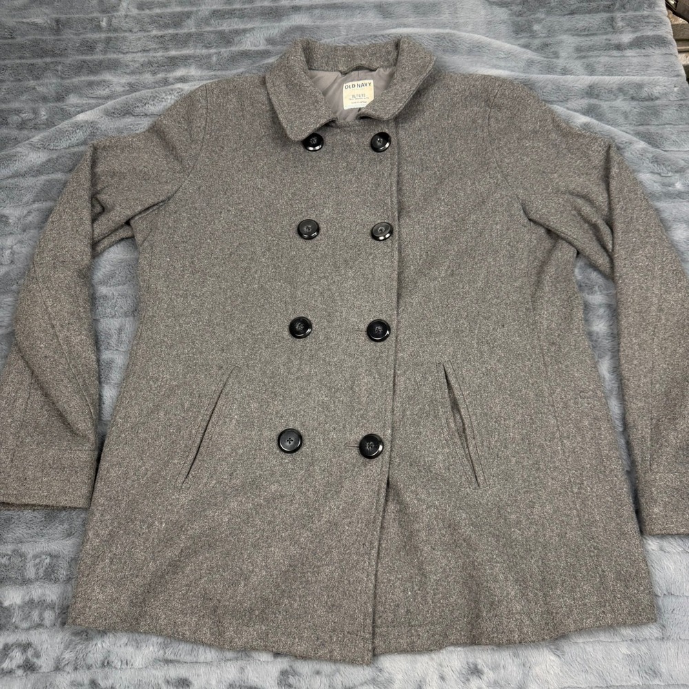 Old Navy Womens XL Tall Gray Recycled Wool Blend Double Breasted Pea Coat Jacket